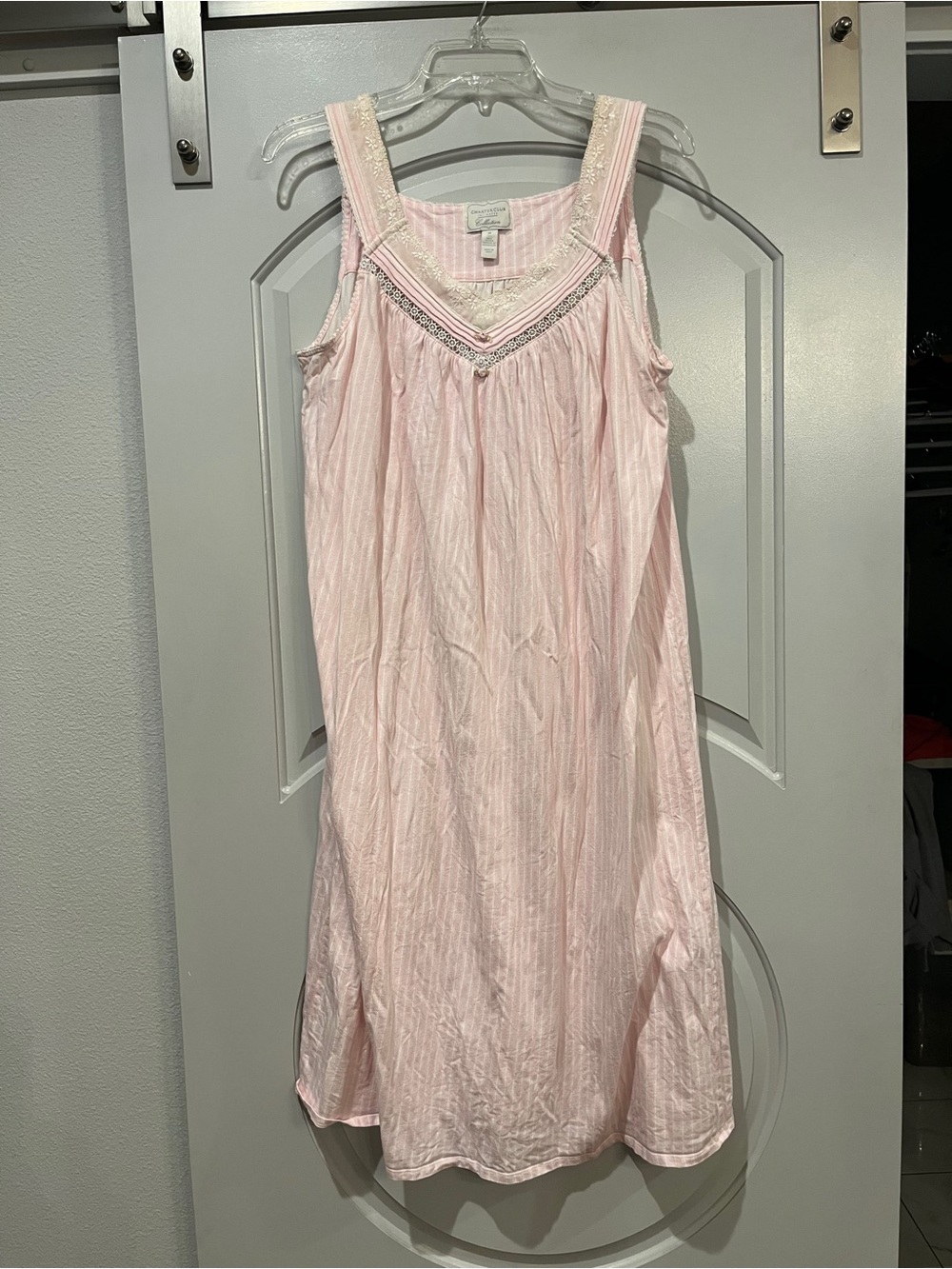 Vintage Charter Club Pale Pink striped flannel Chemise with lace neckline. GUC!